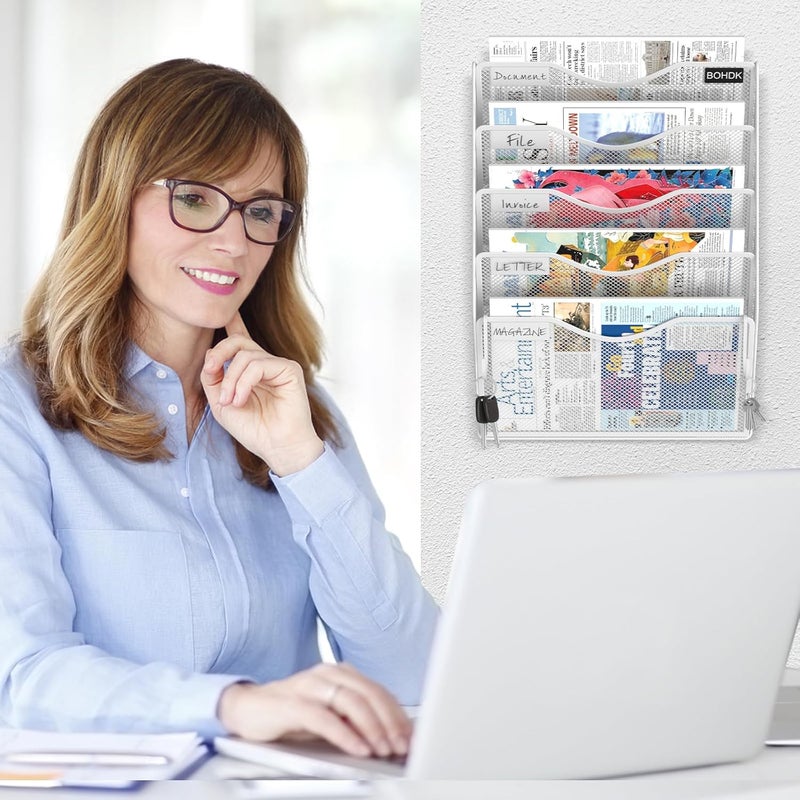 BOHDK Wall File Organizer, 5 Tire Hanging File Folder Organizer, Vertical Mesh Metal Door/Wall Mount Hanging File Holder, Paper Document Magazine Rack with Hooks for Home Office White - Image 4